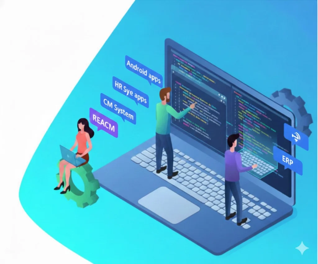 Isometric illustration of a software team collaborating around a laptop with business apps and systems