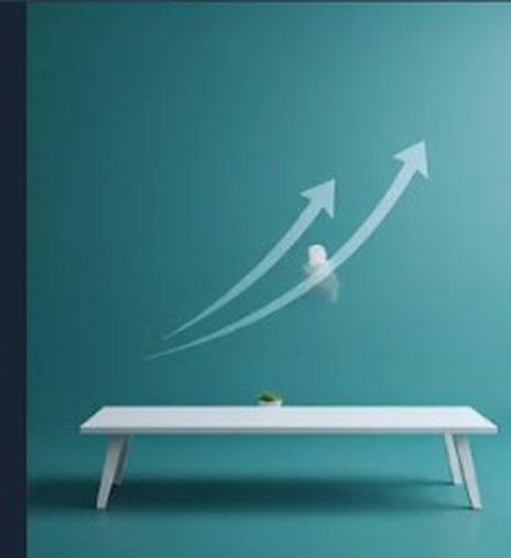 Minimal teal room with a white table and upward trend arrows symbolizing sales growth