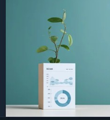 Small plant growing from a white cube printed with business charts against a teal wall