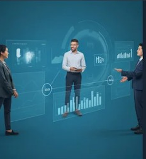 Three professionals reviewing glowing holographic HR analytics and people metrics