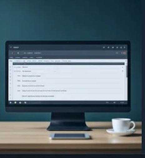 Desktop monitor on a wooden desk showing a school management dashboard beside a coffee cup